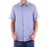 Blue and White Vertical Striped Short Sleeve Shirt