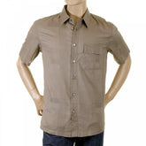 Dark Taupe Woven Cotton Short Sleeve Fitted Shirt with Self Coloured Checks
