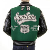 Regular Fit Dark Green Wool Body Black Leather Sleeve Award Letterman Spartans Stadium Jacket WV12310