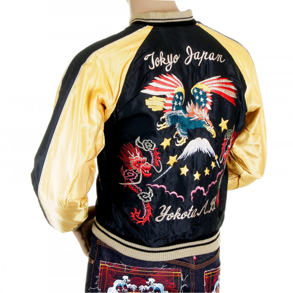 Black Body Gold Colour Sleeves Fully Reversible Souvenier Suka Jacket With Hand Embroidered USA Eagle Yokota AB TT11781 Black Body Gold Colour Sleeves Fully Reversible Souvenier Suka Jacket With Hand Embroidered USA Eagle Yokota AB TT11781