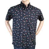 Button Down Collar Short Sleeve Navy Blue Cotton Twill Regular Fit Oxford Shirt with Printed Aloha Hula Dancer SS36249