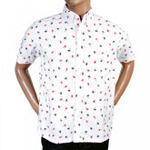 Button Down Collar Short Sleeve Off White Cotton Twill Regular Fit Oxford Shirt With Printed Aloha Hula Dancer SS34973