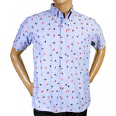 Button Down Collar Short Sleeve Light Blue Cotton Twill Regular Fit Oxford Shirt With Printed Aloha Hula Dancer SS34973