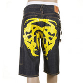 Super Exclusive Design Dark Indigo Raw Denim Shorts with Painted Yellow Logo