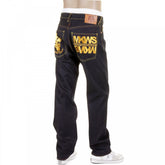 Dark Indigo Raw Denim Jeans with Gold Embroidered Cyber Monkey