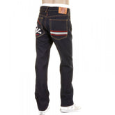 Mens Slim Cut Dark Indigo Raw Denim Jeans with Silver Skull and Crossbones