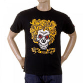 Black Crew Neck Short Sleeve Regular Fit T-Shirt with Large Rock and Roll Skull Print