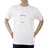 White Crew Neck Short Sleeve Regular Fit T Shirt with Large Ivory Skull and Crossbones Flock Print