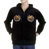 Black Hooded Zip up Regular Fit Jacket with Embroidered Empire Dragon