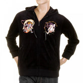 Mens Velvet Black Hooded Zip up Regular Fit Jacket with Fuiji and Raiji Embroidery