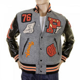 Mens Letterman Regular Fit Philadelphia Award Jacket with Melton Wool Grey Body and Black Leather Sleeves WV12310