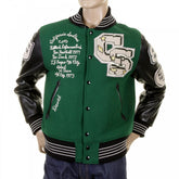 Mens Letterman Green Melton Wool Spartans Stadium Award Jacket with Black Leather Sleeves WV12310