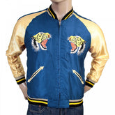Mens Fully Reversible Royal Blue and Golden Regular Fit Suka Souvenir Jacket with Embroidered Tiger TT13001
