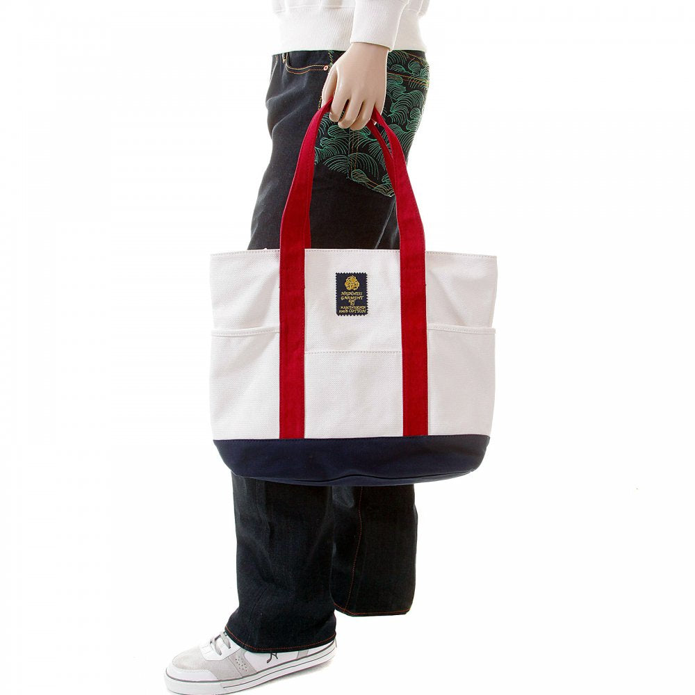 Unisex White Canvas with Navy Canvas Base and Red Canvas Handles Shopper Bag Unisex White Canvas with Navy Canvas Base and Red Canvas Handles Shopper Bag