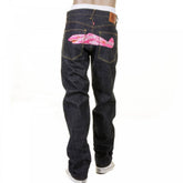 Mens Indigo Slim Fit Raw Denim Jeans with Super Exclusive Pink Camo Plane Design