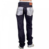 Mens Slimmer Cut Indigo Raw Selvedge Japanese Denim Jeans with Silver Bushi Embroidery