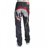 1001 Model Japanese Indigo Selvedge Raw Denim Jeans for Men with Silver and Red Embroidered Hungry Dragon