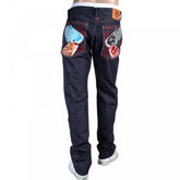 Mens Slim Fit Japanese Indigo Selvedge Raw Denim Jeans with Multicolour Embroidered Carp