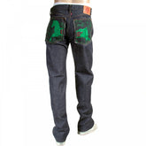 1001 Model Japanese Indigo Selvedge Raw Denim Jeans for Men with Green Embroidered Lucky Horse
