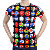 Mens Multi Color Printed Smiley Face World Flags Short Sleeve Crew Neck T-Shirt