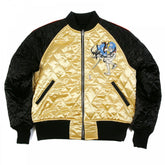 Black and Gold Quilted Regular Fit Blouson Jacket with Embroidered Samurai Woman and 4A Hero