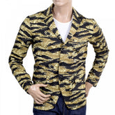 Mens Vintage Tiger Tea Camo Printed Cotton Blazer Jacket
