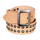 Mens Studded Beige Leather SC02322 Garrison Belt with Silver Square Buckle