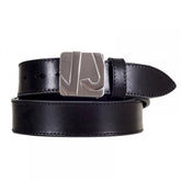 Logo Embossed Silver Pin Buckled Casual Black Leather Belt for Men with Smooth Finish