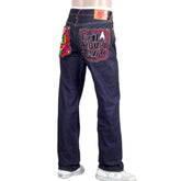 Genuine Dark Indigo Raw Denim Jeans with Embroidered Fuji Mountain and Samurai Camo