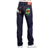Regular Fit Dark Indigo Raw Selvedge Denim with Embroidered British Pirate and Rose