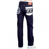 Mens Blue and White Sengoku Painted and Embroidered 1011 Model RQP14123 Selvedge Denim Jeans Cut in Slim Fit