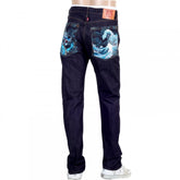 Model 1011 Dark Blue RQP14121 Slim Fit Raw Selvedge Denim Jeans with Dragon and Tsunami Wave Embroidery