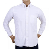 Slim Fit White SC25910 Oxford Long Sleeve Cotton Shirt with Rounded Tail and Butterfly Shell Buttons