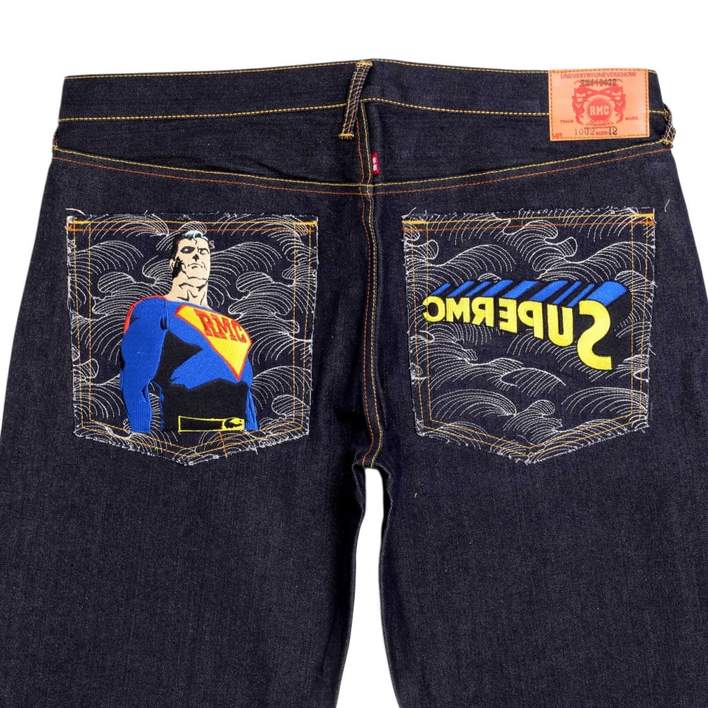 Rare and Exclusive Design Dark Indigo Raw Denim Jeans with Embroidered Superman Rare and Exclusive Design Dark Indigo Raw Denim Jeans with Embroidered Superman