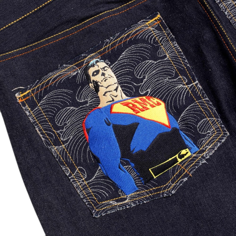 Rare and Exclusive Design Dark Indigo Raw Denim Jeans with Embroidered Superman Rare and Exclusive Design Dark Indigo Raw Denim Jeans with Embroidered Superman