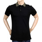 Black Regular Fit Three-Button Polo Shirt for Men with Gold Logo Ribbed Collar