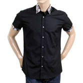 Mens Black Regular Fit Cotton Short Sleeve Shirt with Grey Embossed Logo Buttons and Soft Collar
