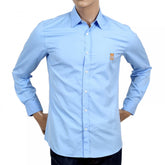 Long Sleeve Slim Fit Teddy Bear Embroidered Sky Blue Shirt with Soft Collar and Rounded Tail