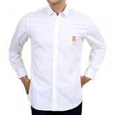 Mens White Slim Fit Long Sleeve Shirt with Teddy Bear Embroidered on Chest and Logo Embossed Buttons