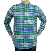 Resolution Lavitt Check Regular Fit Shirt in Green and Navy with Button Down Collar and Single Chest Pocket