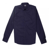 Mens Long Sleeve Stretch Cotton Slim Fit Shirt in Dark Navy Blue with Logo Embossed Buttons and Rounded Tail