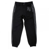 Black Track Pants with Zip Fly, Cuffed Bottoms, Pleather Logo, Side Panels and Two Front and a Back Pocket