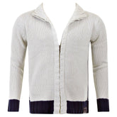 Knitted Putty Long Sleeve Regular Fit Zip Up Cardigan with Navy Trim