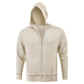 Knitted Beige Long Sleeve Regular Fit Zip-Up Hooded Cardigan with Chocolate Trim
