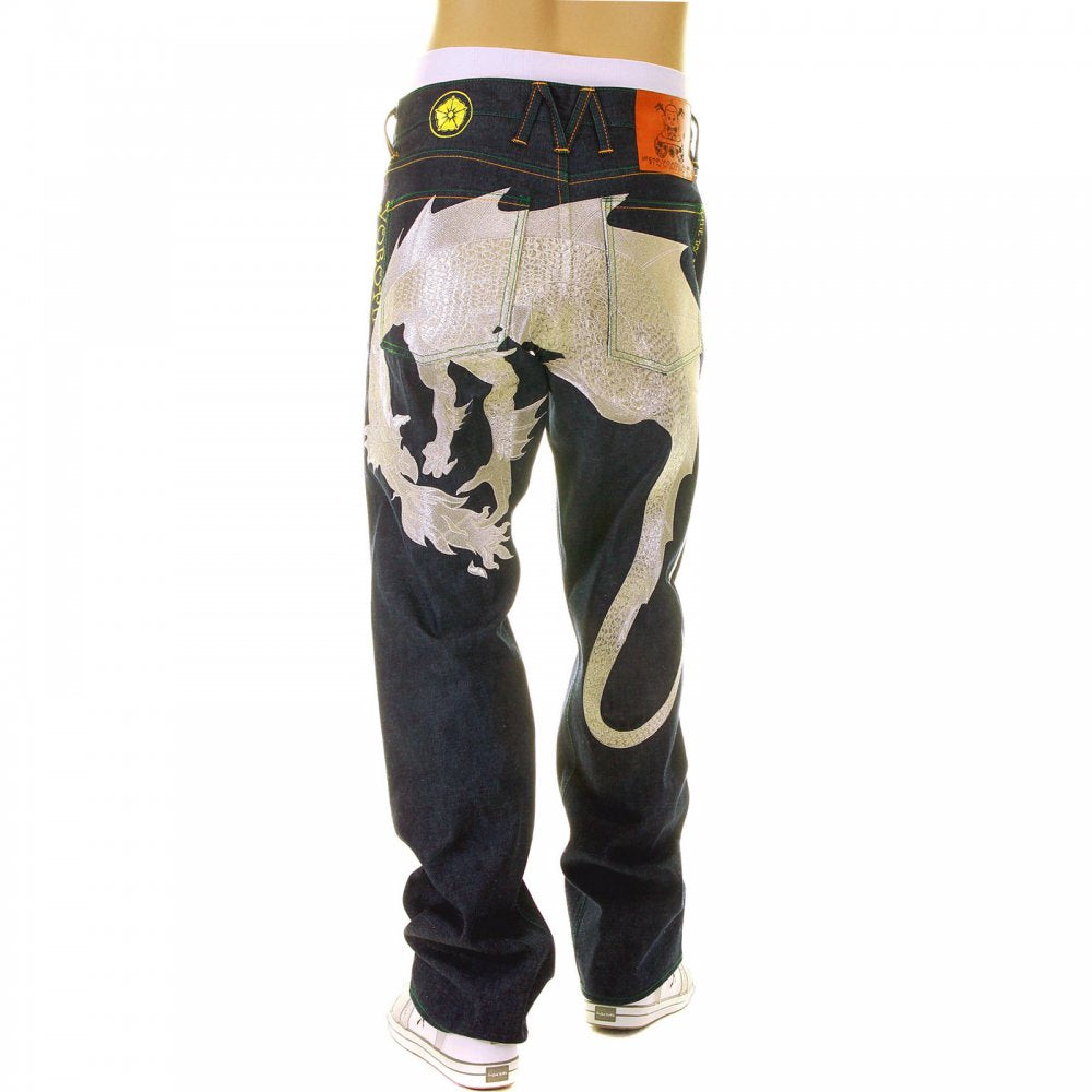 Hungry Silver Dragon Silver Embroidered Denim Jeans