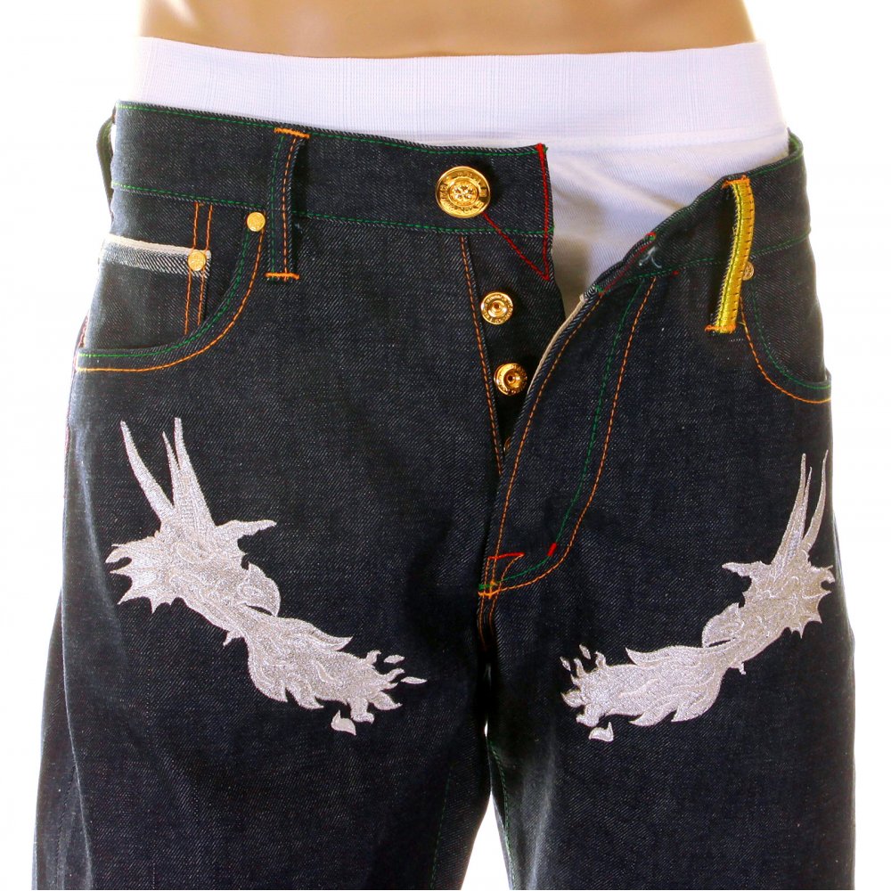 Hungry Silver Dragon Silver Embroidered Denim Jeans