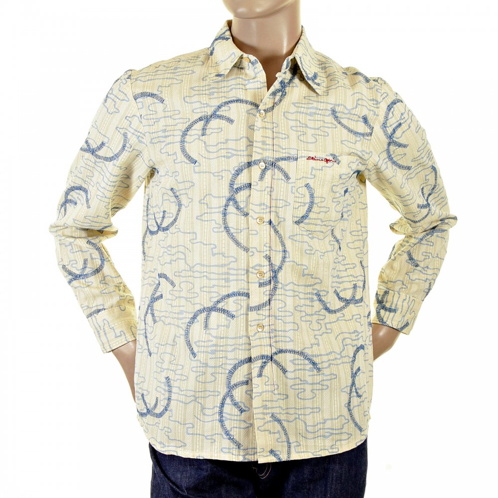 Cream Shirt with Blue Print and Embroidery