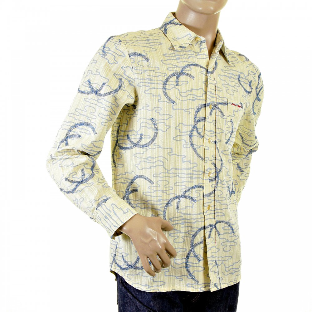 Cream Shirt with Blue Print and Embroidery