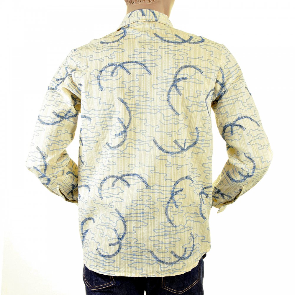 Cream Shirt with Blue Print and Embroidery