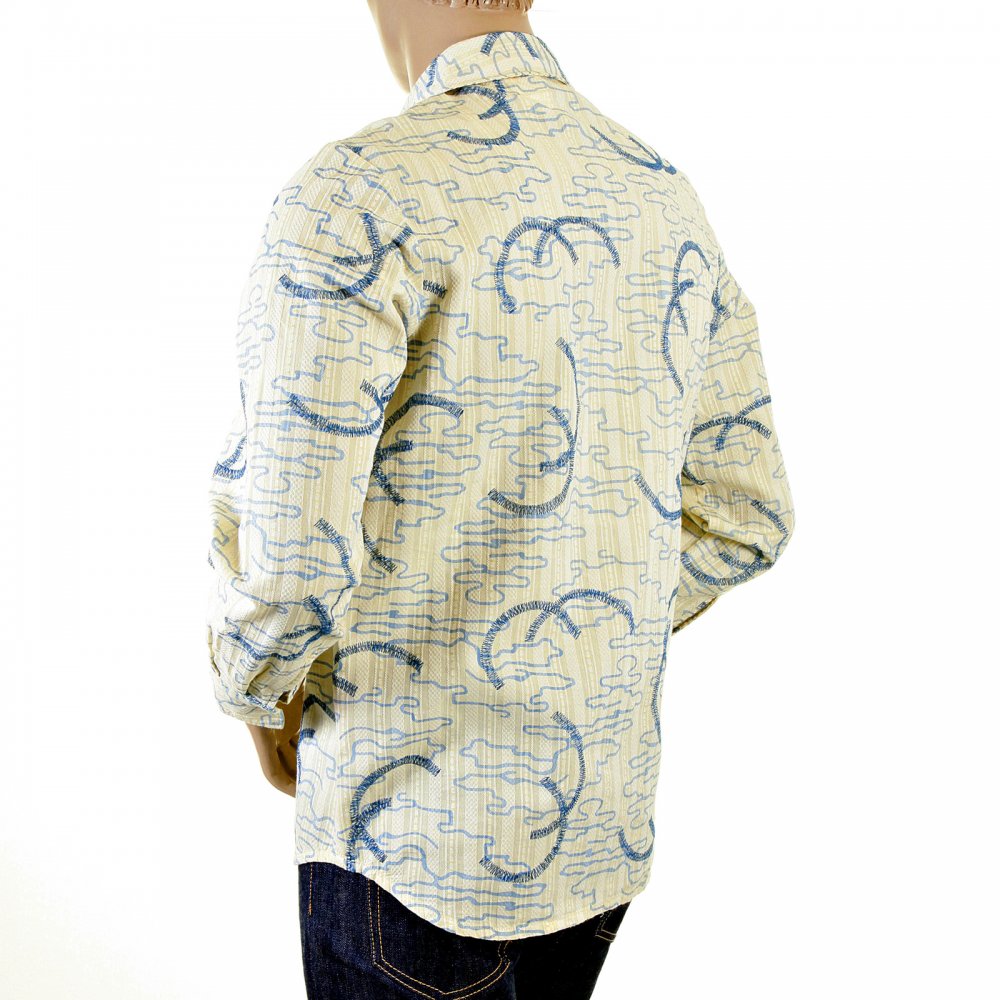 Cream Shirt with Blue Print and Embroidery